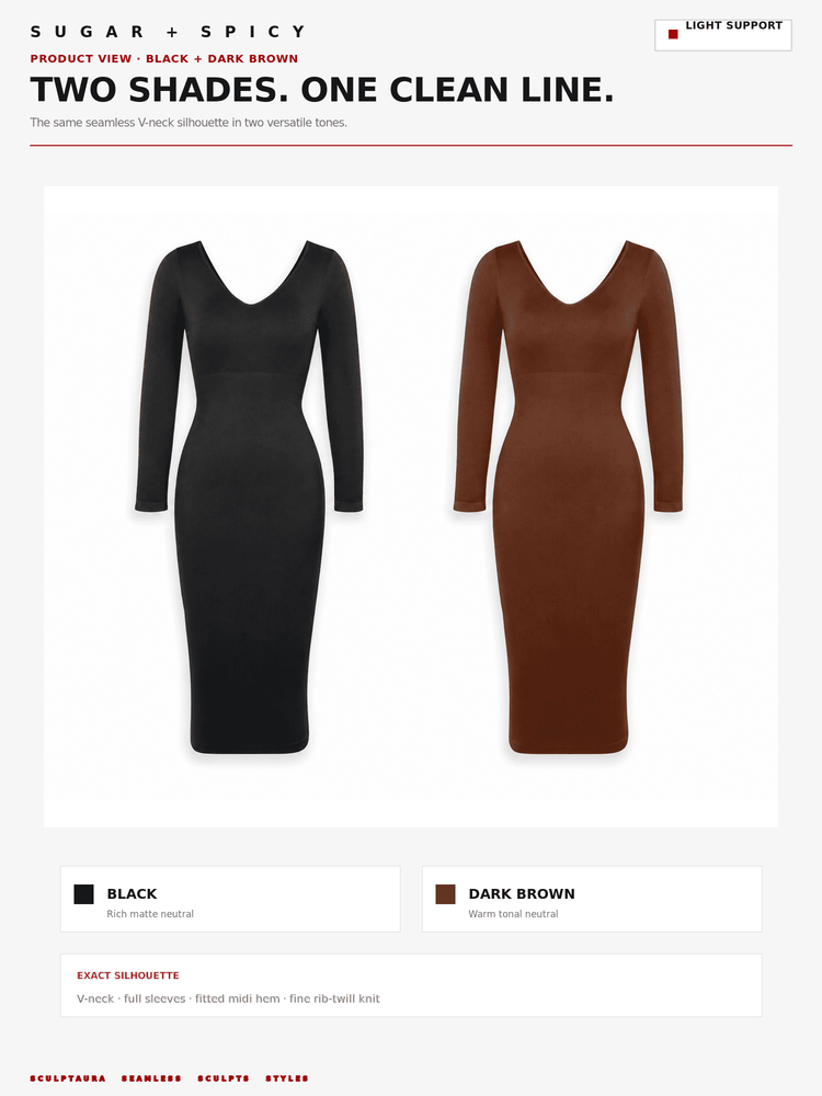 A product color and fit reference graphic for the SUGAR + SPICY Sculpture V-neck long-sleeve dress, showing the same silhouette in two shades: a black version on the left and a dark brown version on the right. The graphic includes text labels 'BLACK' and 'DARK BROWN' with swatches and fit details.