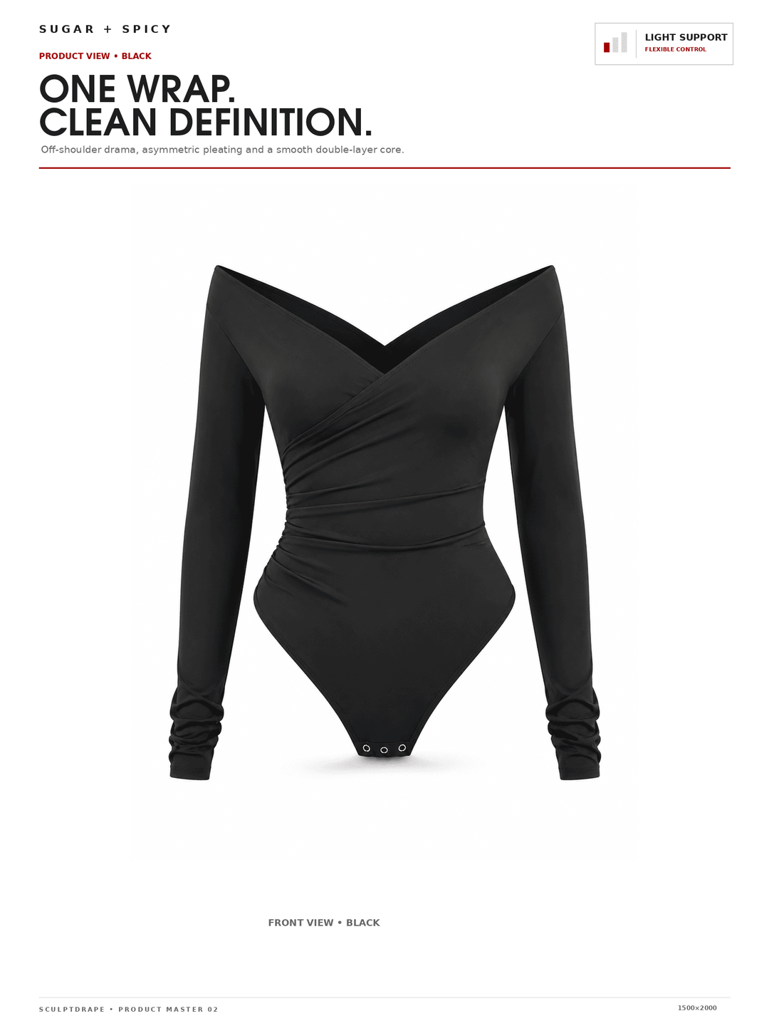 A black long-sleeve bodysuit with a sweetheart neckline and ruched waist, shown on a white background with product text and branding at the top.