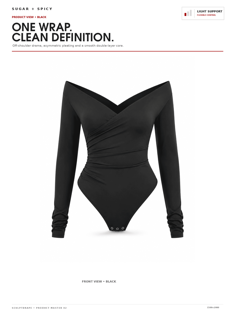 A black long-sleeve bodysuit with a sweetheart neckline and ruched waist, shown on a white background with product text and branding at the top.
