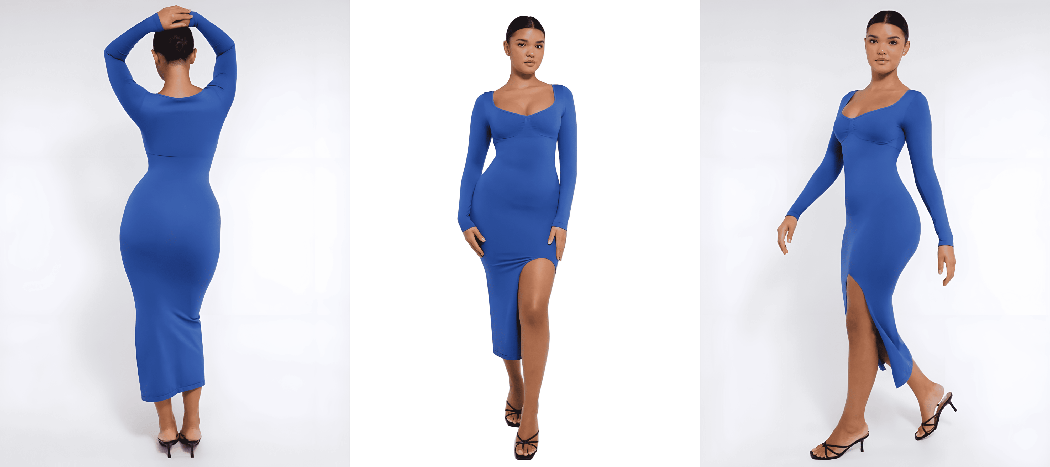 Blue long-sleeve bodycon midi dress with thigh-high slit, shown from back, front, and side on a model