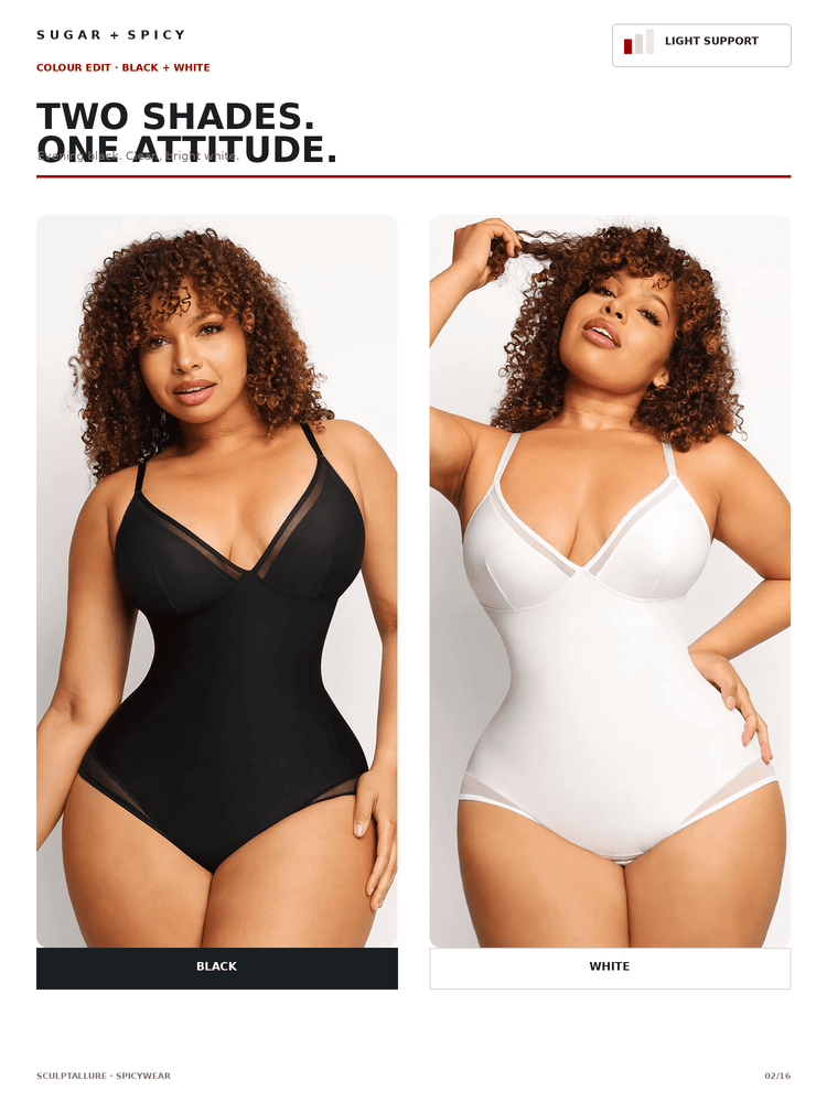 A catalog page showing two plus-size models wearing one-piece shapewear bodysuits, one in black and one in white, with text reading 'TWO SHADES. ONE ATTITUDE.