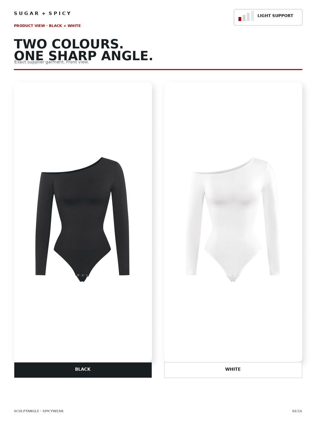 A product color selection graphic for a long-sleeve one-shoulder bodysuit. The left panel shows the bodysuit in black with the label &