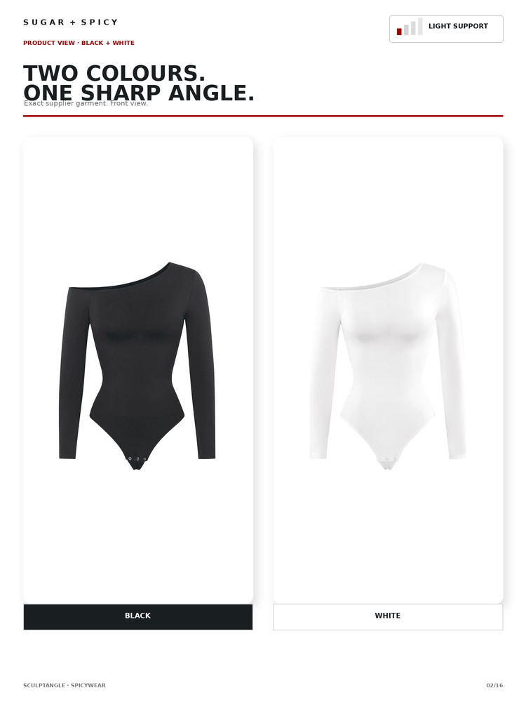 A product color selection graphic for a long-sleeve one-shoulder bodysuit. The left panel shows the bodysuit in black with the label 'BLACK' below, and the right panel shows the same bodysuit in white with the label 'WHITE' below.