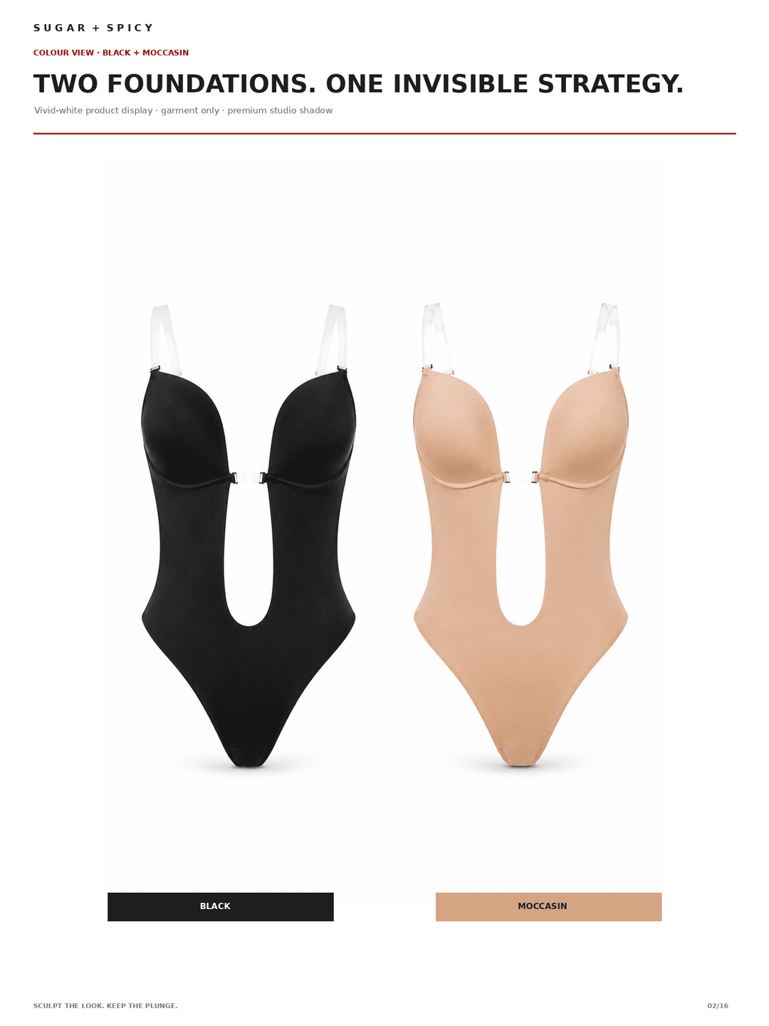 Two foundation shade swatches shown side by side on a white page: a black swatch labeled BLACK and a warm beige swatch labeled MOCCASIN, with the headline &