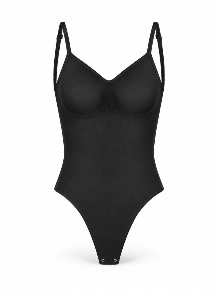 OpenSculpt Seamless Low-Back Thong Bodysuit in black with adjustable straps and smooth front design.