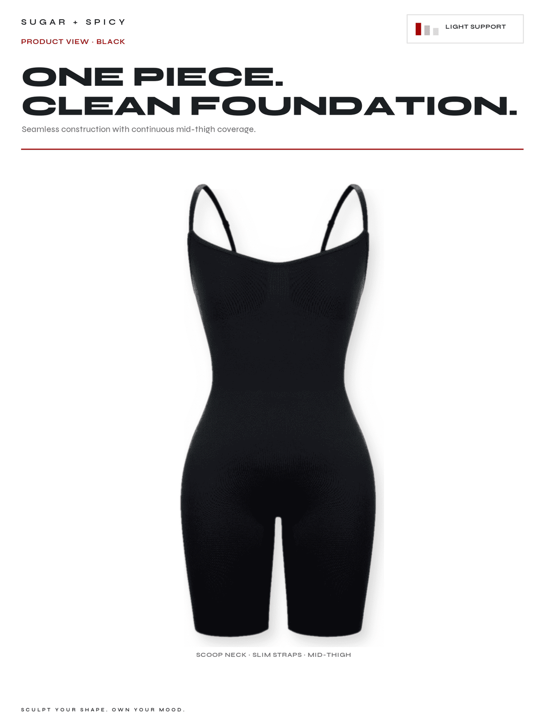 A black one-piece shapewear bodysuit with thin shoulder straps and a scoop neck, shown on a clean white background with promotional text at the top and bottom.