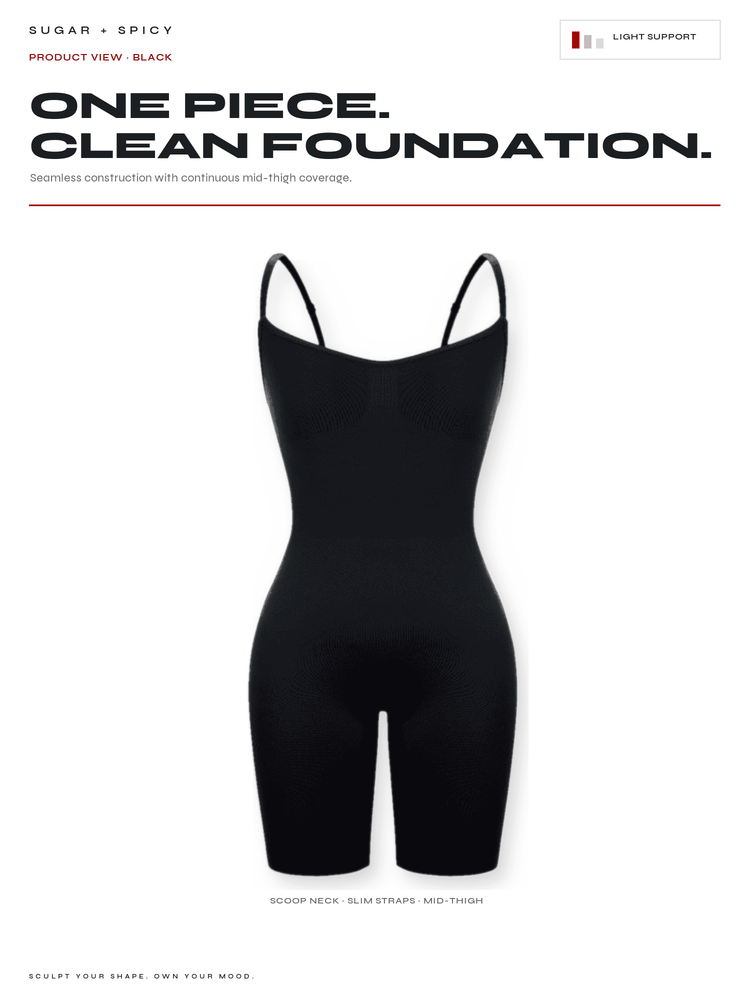A black one-piece shapewear bodysuit with thin shoulder straps and a scoop neck, shown on a clean white background with promotional text at the top and bottom.