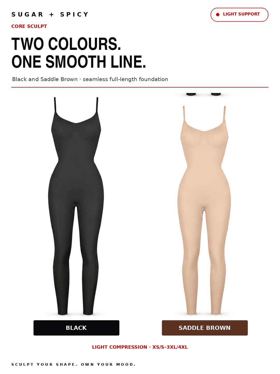 A product comparison graphic showing two full-length bodysuit/nightgown color options on white mannequin forms: a black version labeled BLACK and a light beige/saddle brown version labeled SADDLE BROWN. Text at the top reads &
