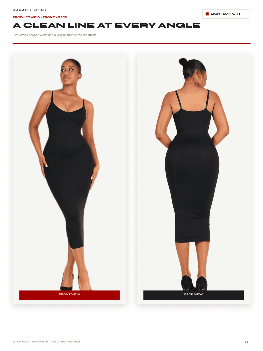 A catalog page showing a woman modeling a fitted black spaghetti-strap midi dress from both front and back views on a light gray background, with text headers and red/black view labels.