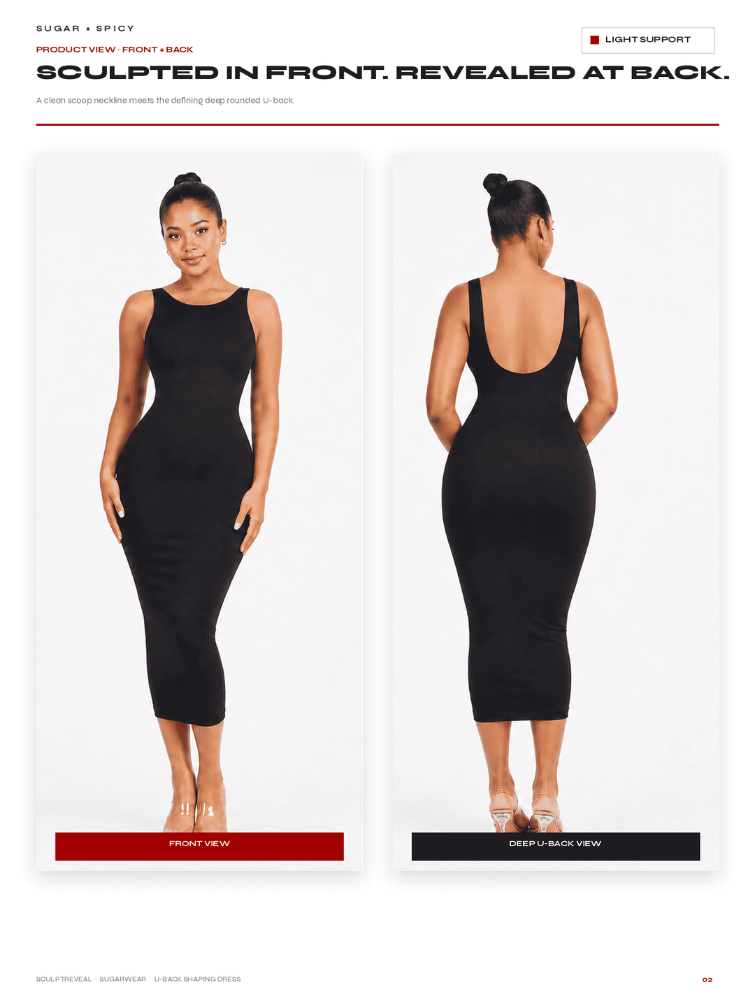 A model is shown wearing a fitted sleeveless black bodycon midi dress from the front and back against a light gray studio background. The front view is labeled &