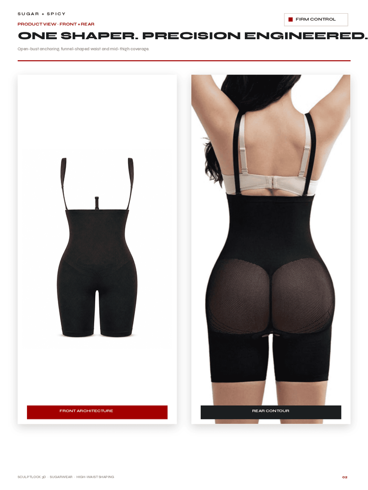 A catalog page showing a black shapewear brief from front and back views. The left panel shows the front architecture of the black shapewear brief on a white background.