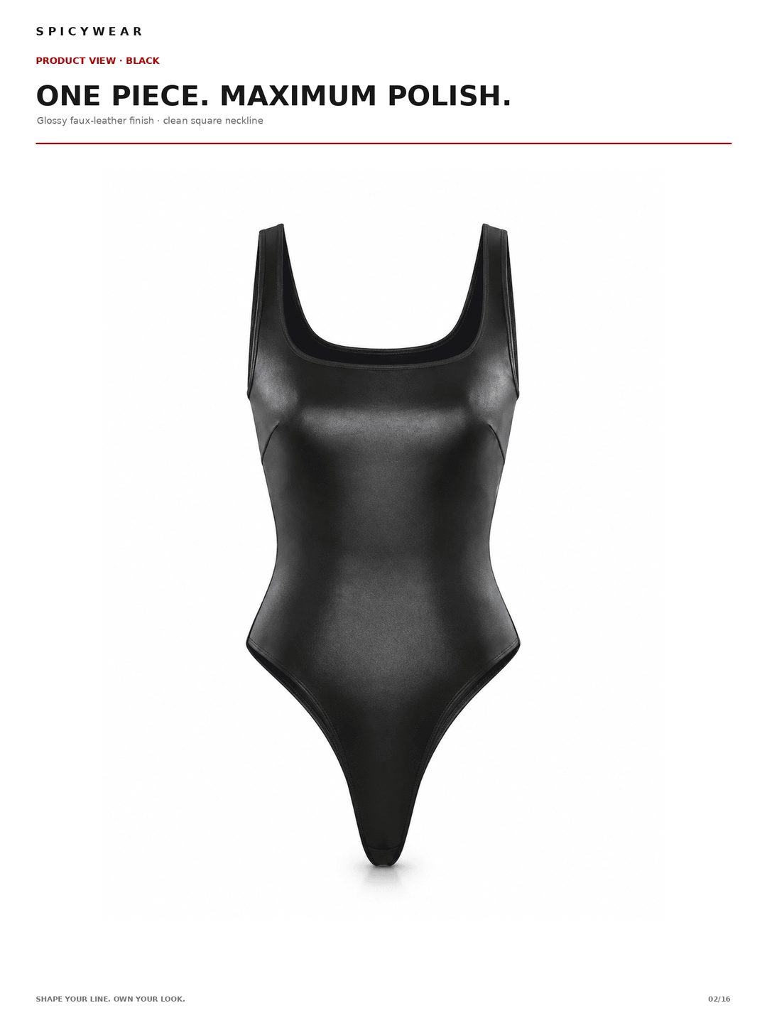 A black one-piece bodysuit with a scoop neckline and a pointed bottom, shown on a plain white background with promotional text at the top.
