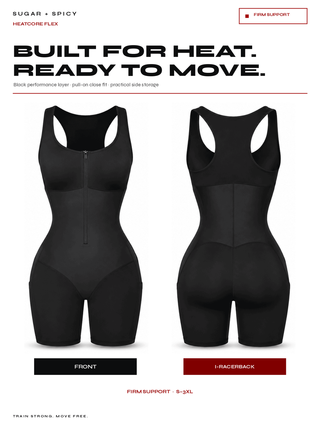Black performance shapewear bodysuit shown from front and back on a white background, with text reading &
