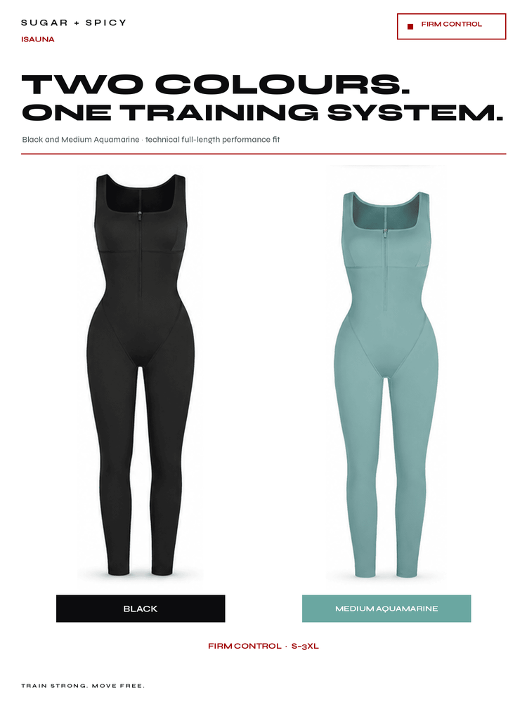 A product comparison graphic for Sauna's 'Sugar + Spicy' firm control performance fit, showing two full-body one-piece swimsuits side by side. On the left is the black version labeled 'BLACK', and on the right is the medium aquamarine version labeled 'MEDIUM AQUAMARINE'.