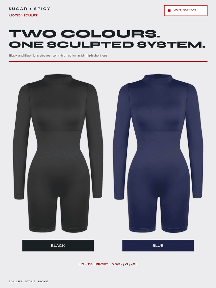 A promotional graphic for the MOTIONGULPT Sugar + Spicy light support system, showing two long-sleeve fitted mini tights side by side: one black and one blue. Large text reads 'TWO COLOURS.