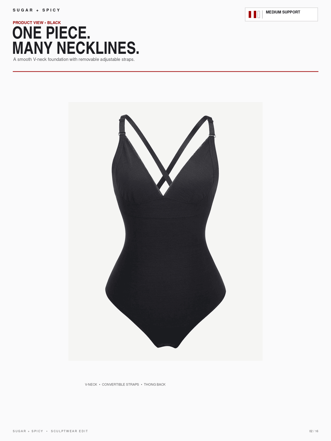 A black one-piece swimsuit with a deep V-neckline and crisscross strap detail at the shoulders, shown on a light gray background within a catalog layout.