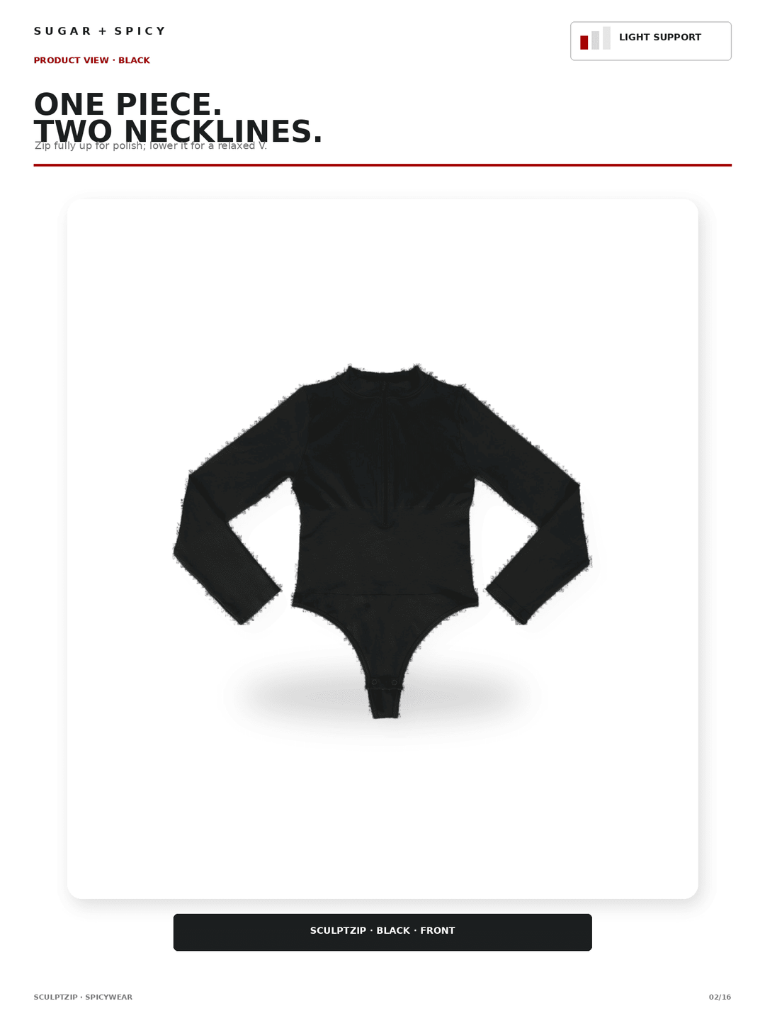 A black long-sleeve bodysuit or leotard shown from the front on a white page layout with text reading &