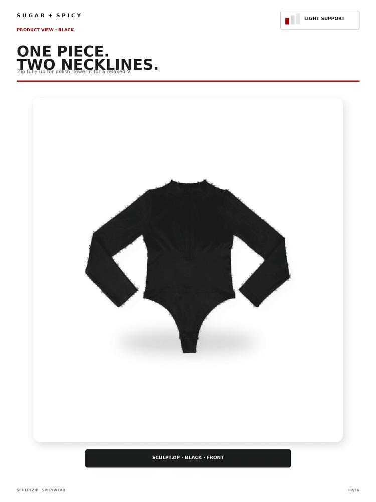 A black long-sleeve bodysuit or leotard shown from the front on a white page layout with text reading 'ONE PIECE. TWO NECKLINES.