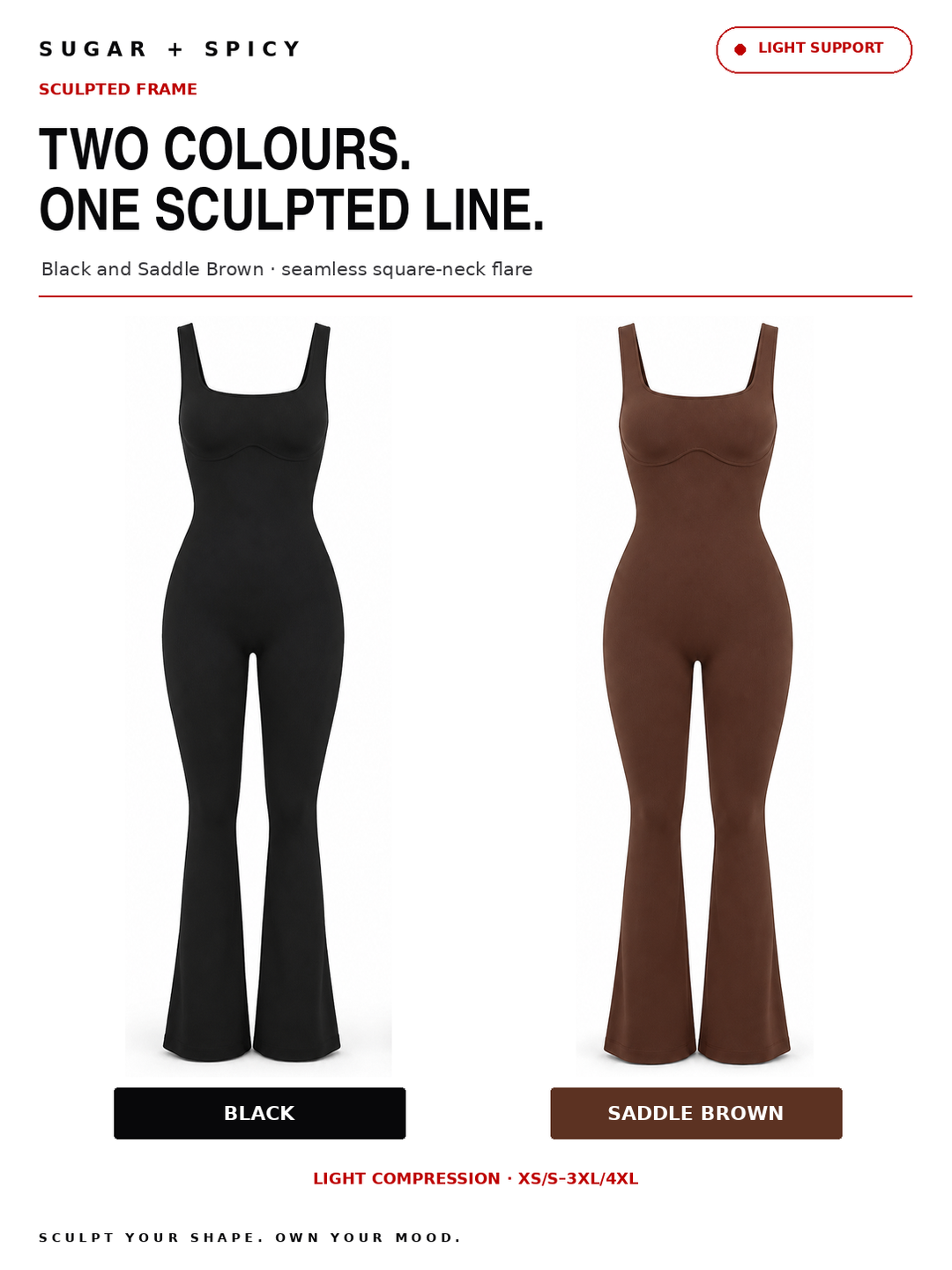 A product comparison graphic showing two sleeveless flared jumpsuits side by side on a white background. The left jumpsuit is solid black and labeled &