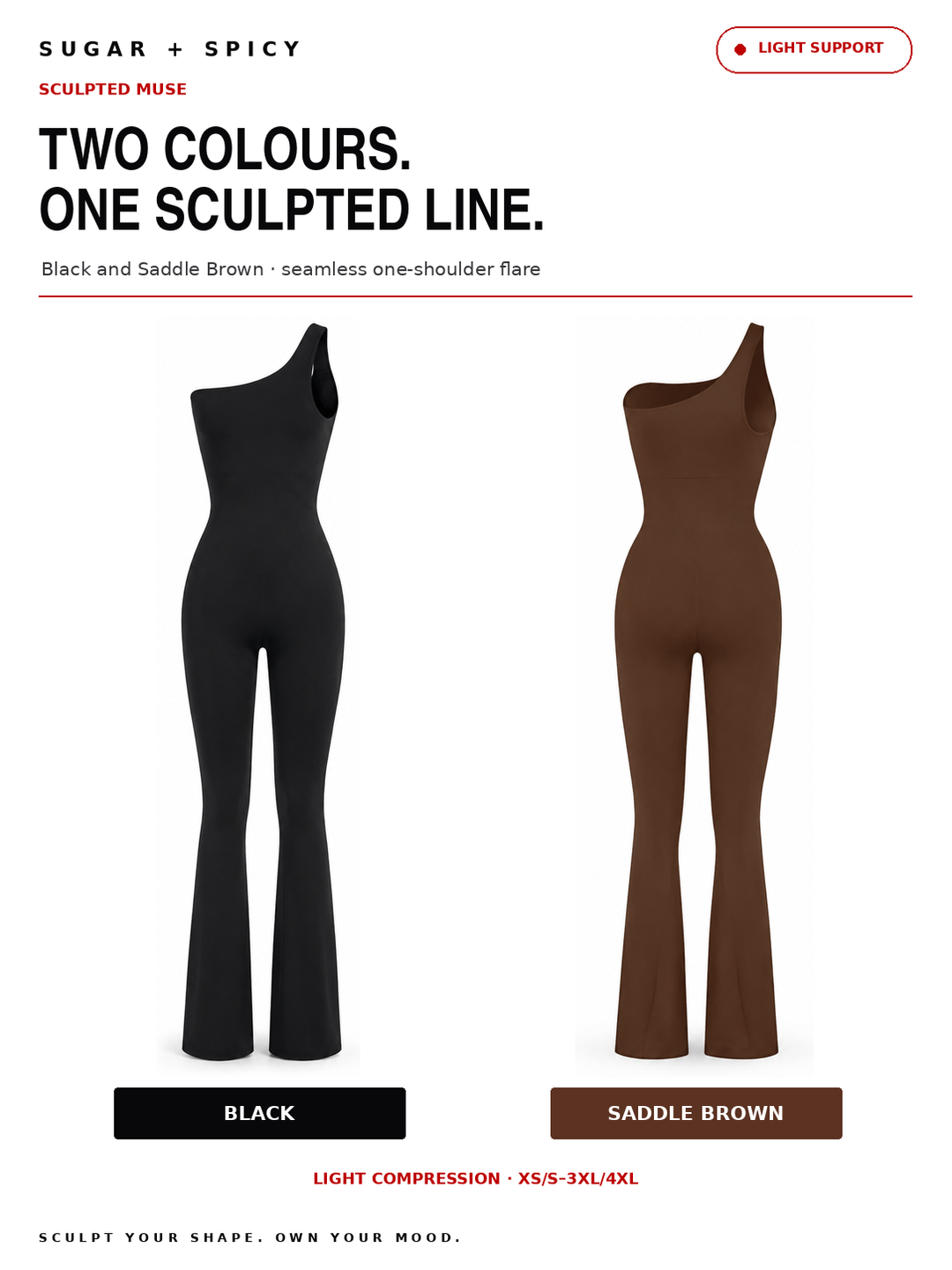 A promotional graphic showing two one-shoulder flared jumpsuits side by side on a white background. The left jumpsuit is solid black and labeled &