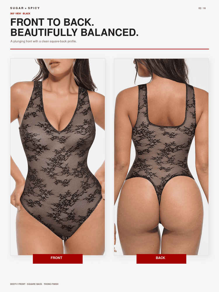 A two-panel product photo of a sheer black floral lace square-back bodysuit shown on a model from the front and back, with marketing text at the top and red front/back labels at the bottom.