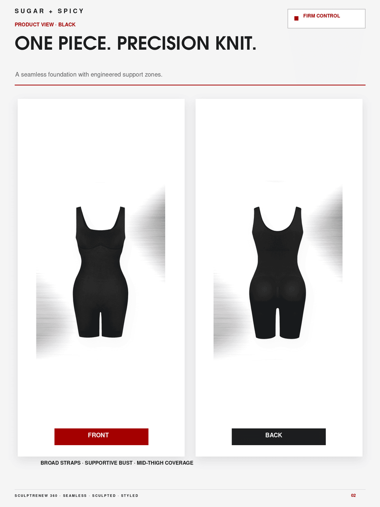 A product information page showing a black one-piece precision knit garment from front and back. The page includes text such as 'ONE PIECE.