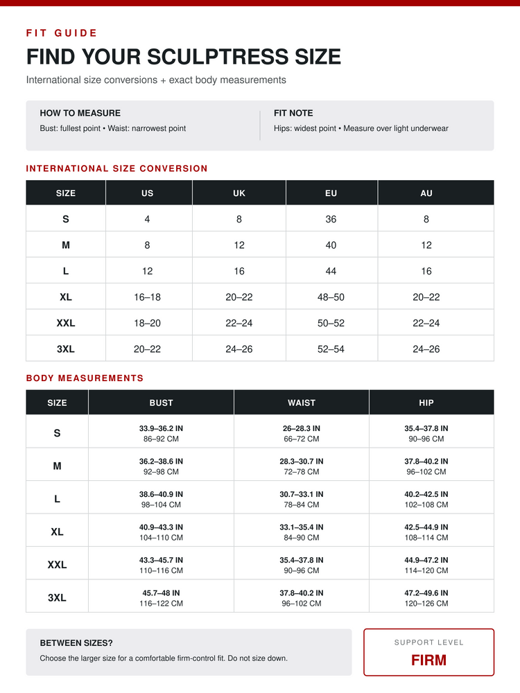 A sizing guide infographic for 'Find Your Sculptress Size' showing a conversion table between US, UK, EU, and AU sizes, alongside body measurements for bust, waist, and hip. The layout is clean and white with black text and blue accents.