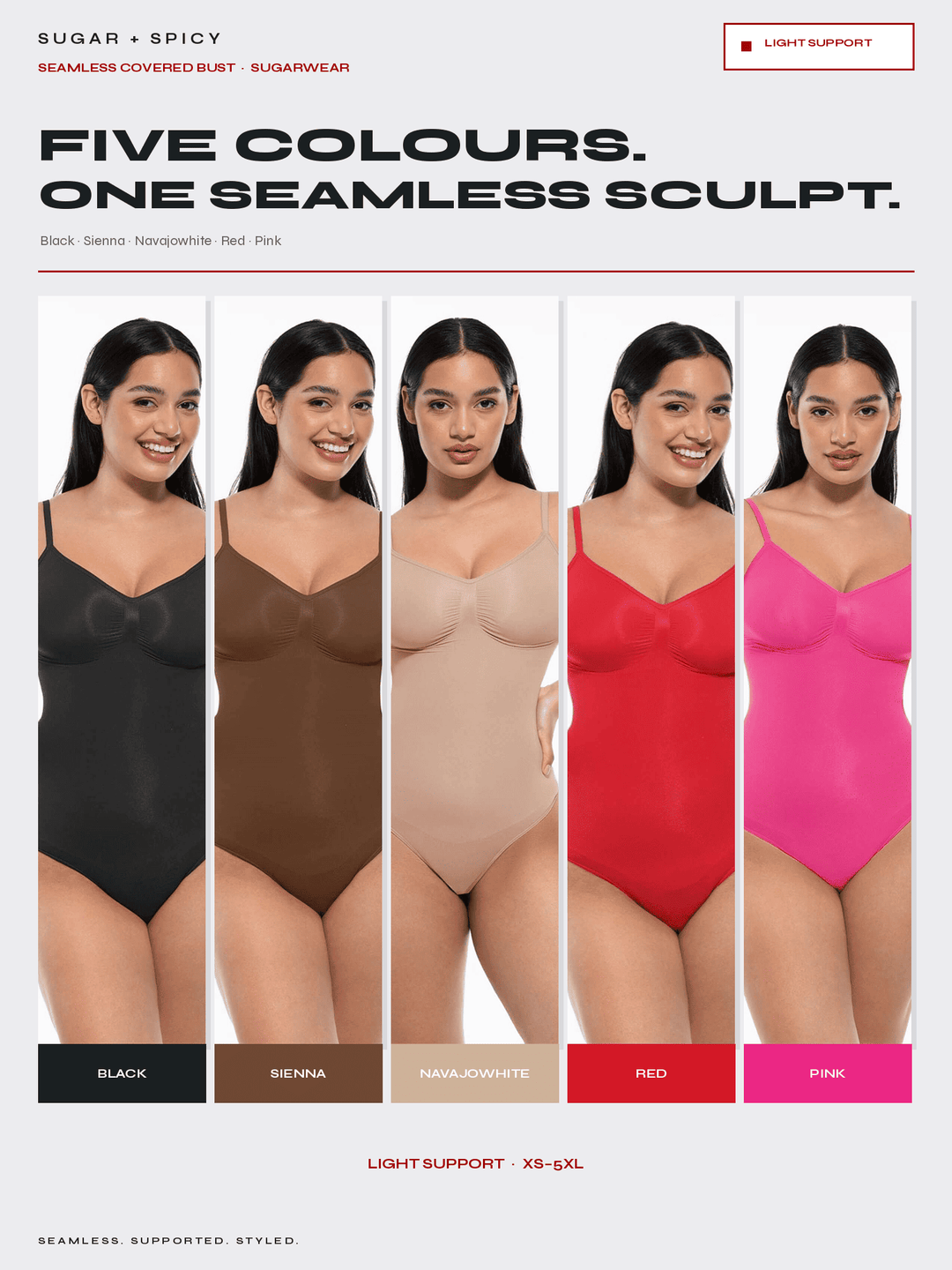 A promotional graphic for seamless covered bust underwear showing five color options on the same model: black, sienna brown, nude beige, red, and bright pink. The text reads &