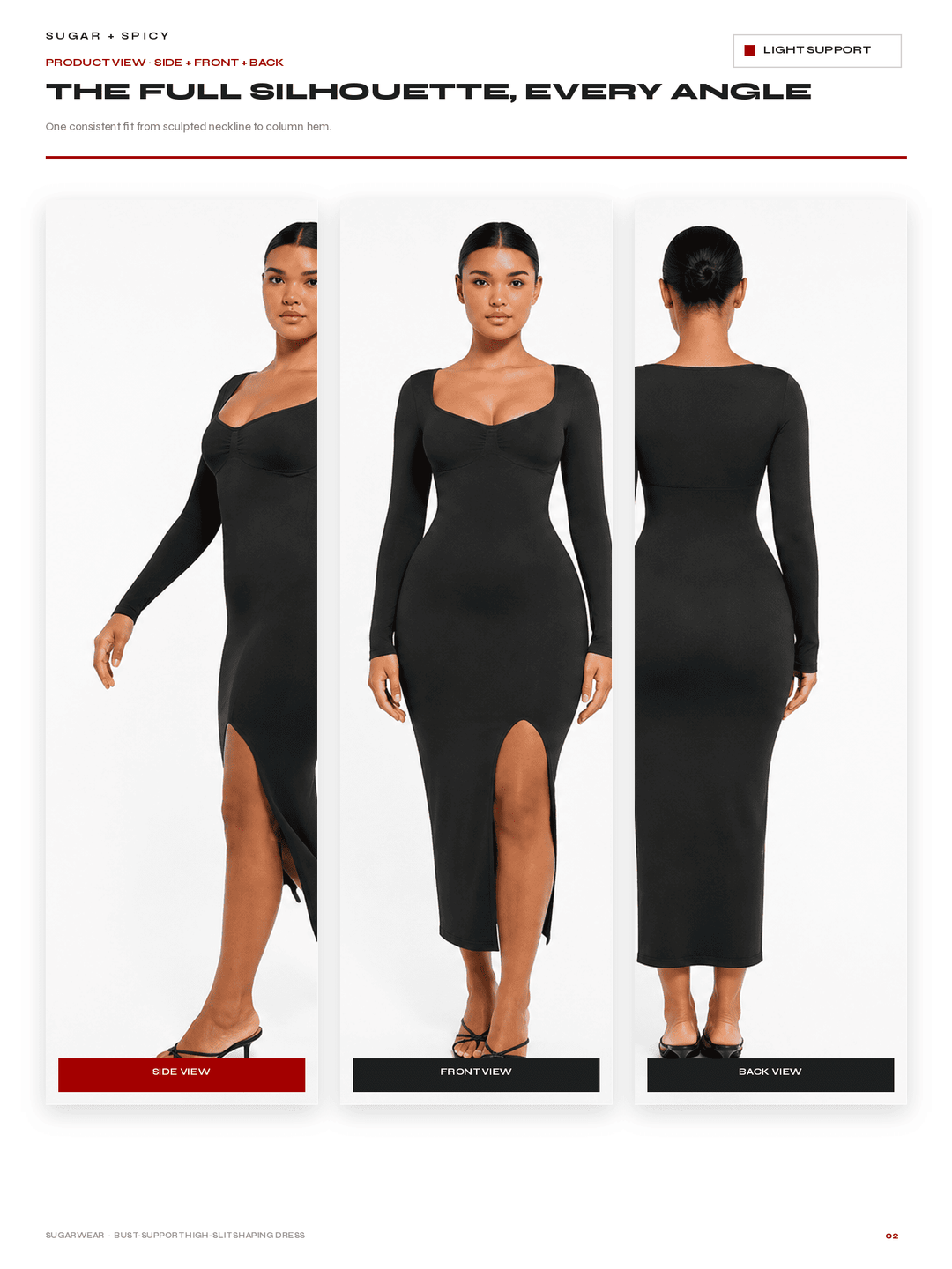 A catalog page showing a model wearing a fitted long-sleeve midi dress from three angles: side view, front view, and back view. The page header reads &