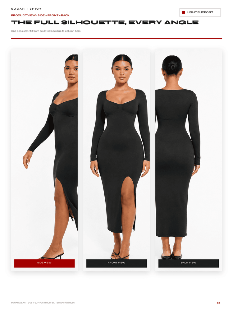 A catalog page showing a model wearing a fitted long-sleeve midi dress from three angles: side view, front view, and back view. The page header reads 'THE FULL SILHOUETTE, EVERY ANGLE' and includes product text 'SUGAR + SPICY' and 'LIGHT SUPPORT'.