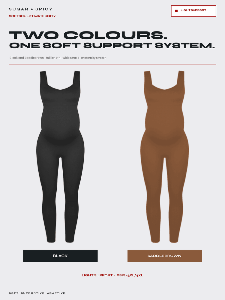 A product comparison graphic showing two bodysuit options on a light gray background: a black one labeled BLACK and a saddlebrown one labeled SADDLEBROWN. Large text reads 'TWO COLOURS.