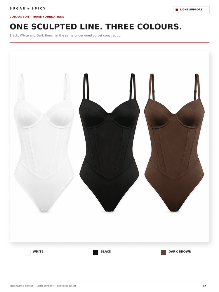 A catalog page showing three fitted one-piece bodysuits in white, black, and dark brown, each with a structured corset-style waist and underwire bust. The page includes the text 'ONE SCULPTED LINE.