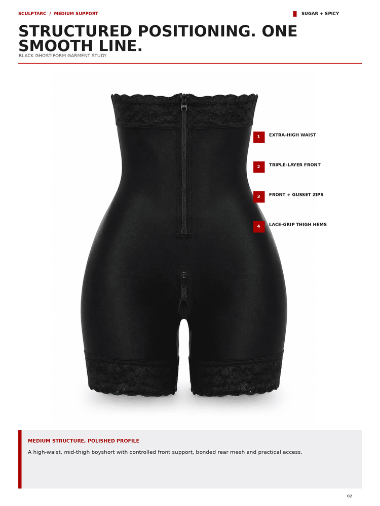 Black structured thigh-high support briefs with lace trim and a front zipper, shown on a white background with feature callouts and text describing the fit and construction.
