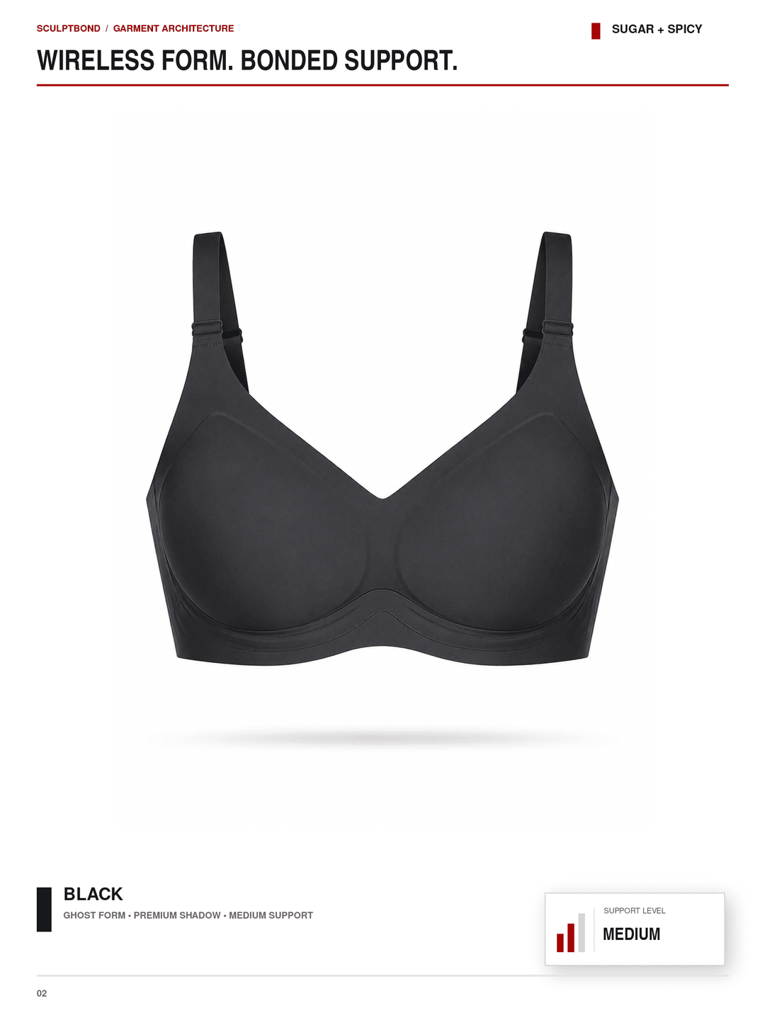 A black wireless molded support bra centered on a white page with text reading &