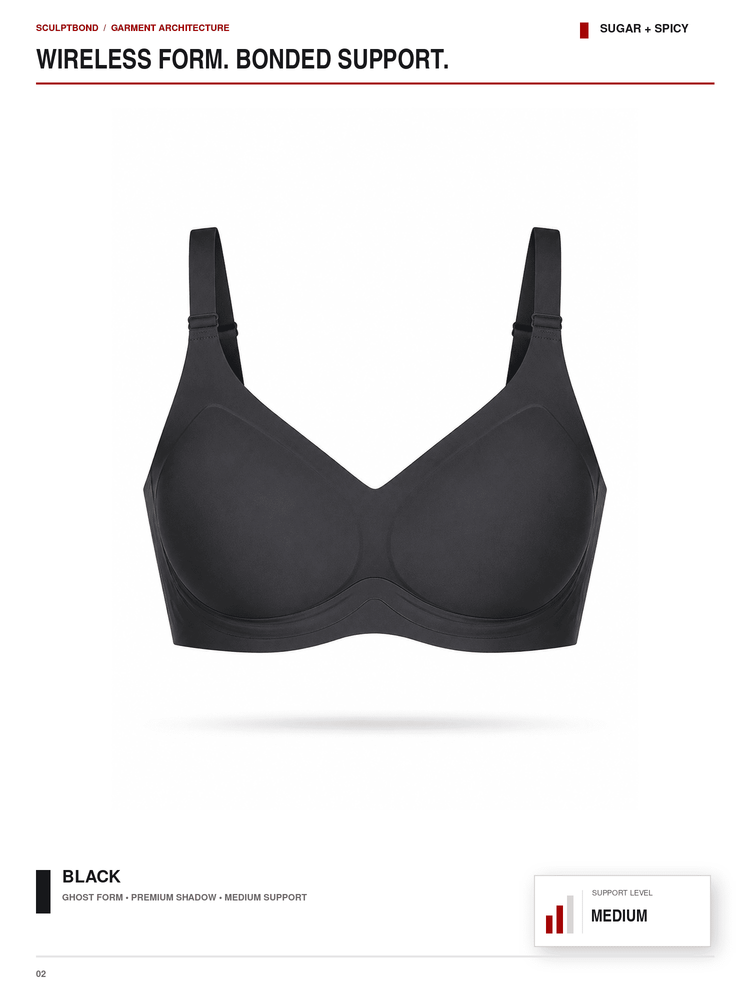 A black wireless molded support bra centered on a white page with text reading 'WIRELESS FORM. BONDED SUPPORT.
