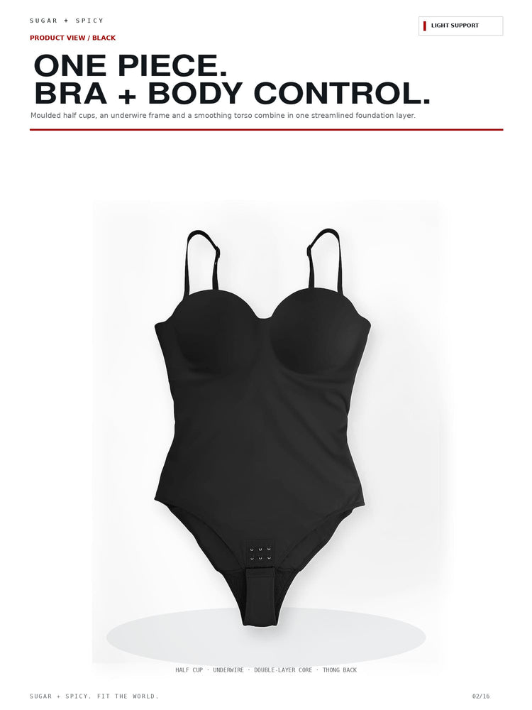 A black one-piece bra bodysuit with a sweetheart neckline and underwire cups, shown on a clean white background with promotional text above.