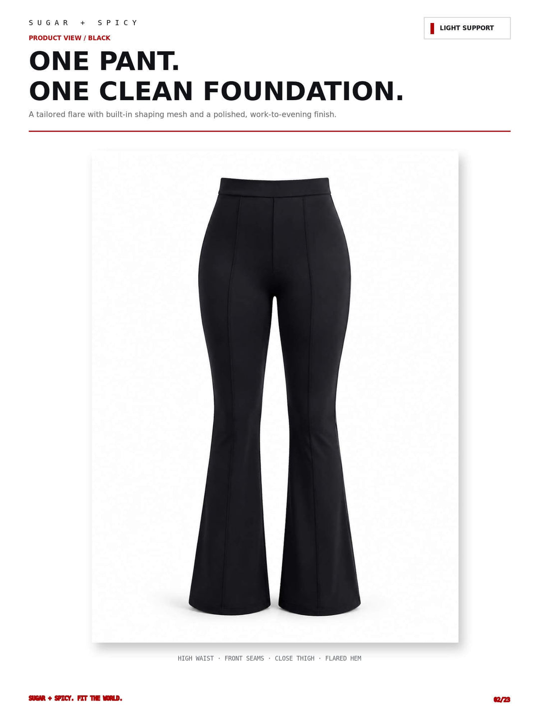 A clean studio product shot of black flared pants centered on a white page with promotional text above reading &