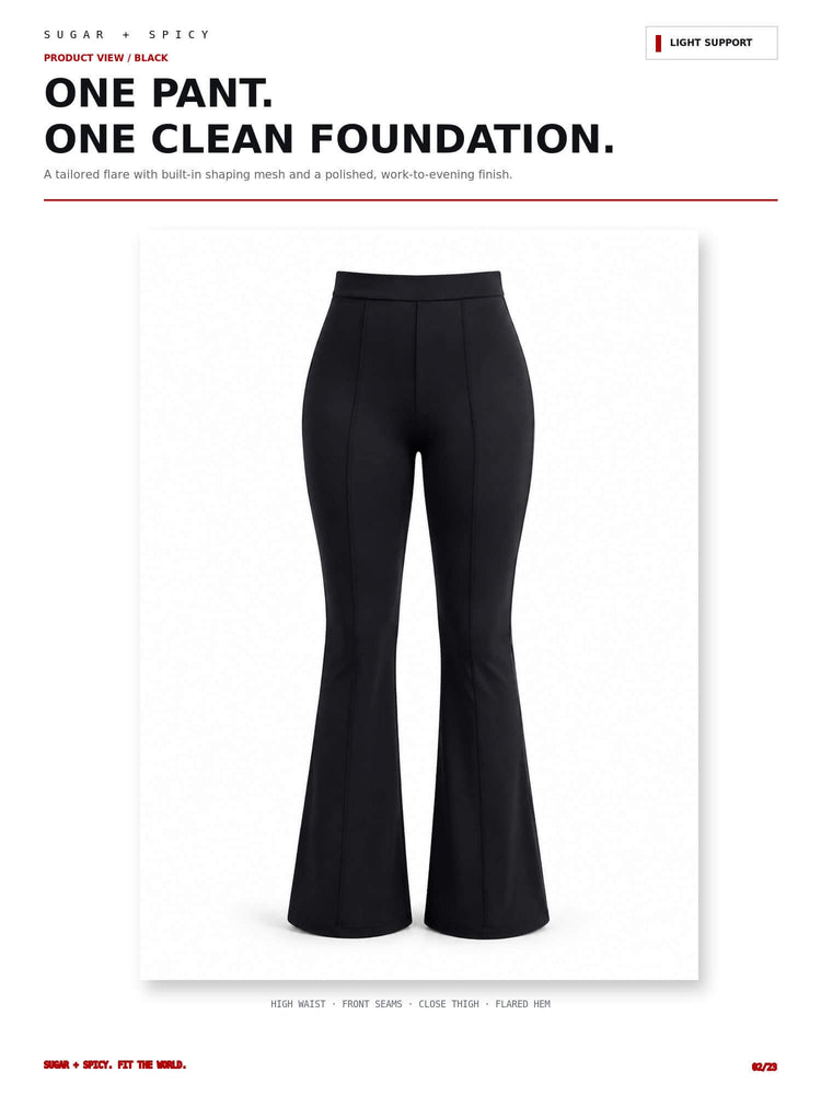 A clean studio product shot of black flared pants centered on a white page with promotional text above reading 'ONE PANT. ONE CLEAN FOUNDATION.