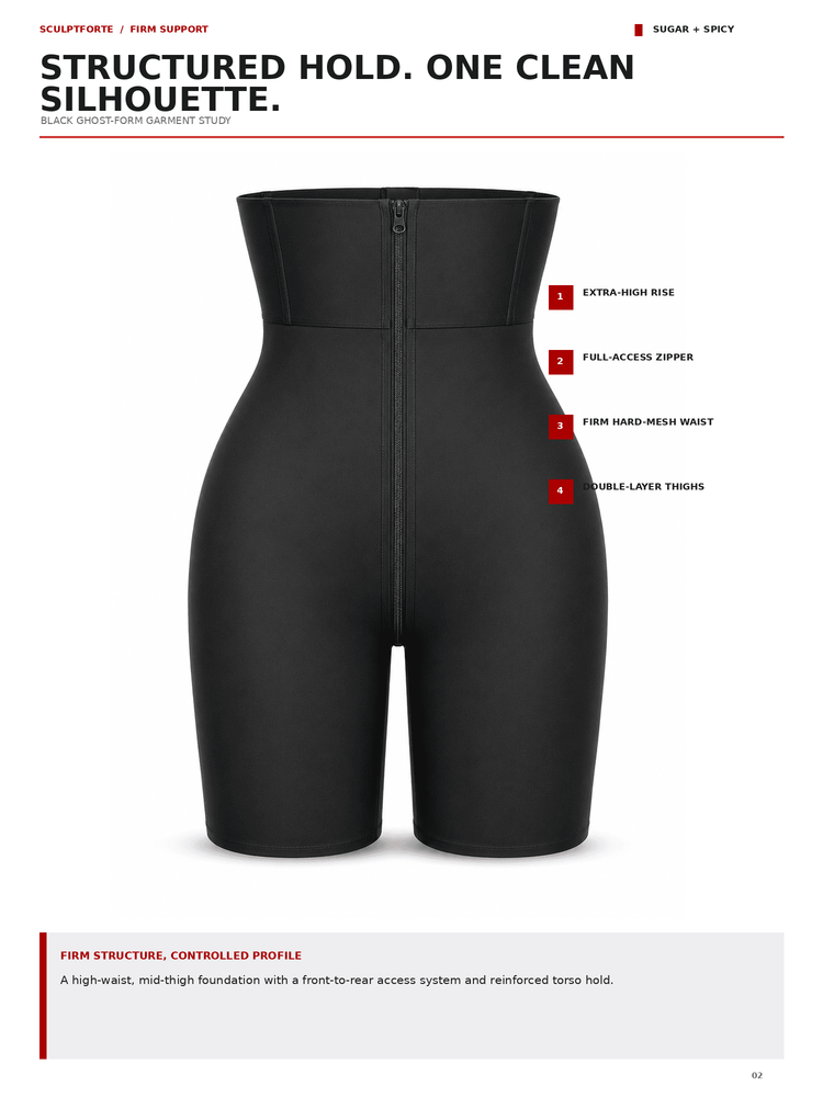 A black structured high-waist shapewear brief shown front-facing on a white page with marketing text and feature callouts.