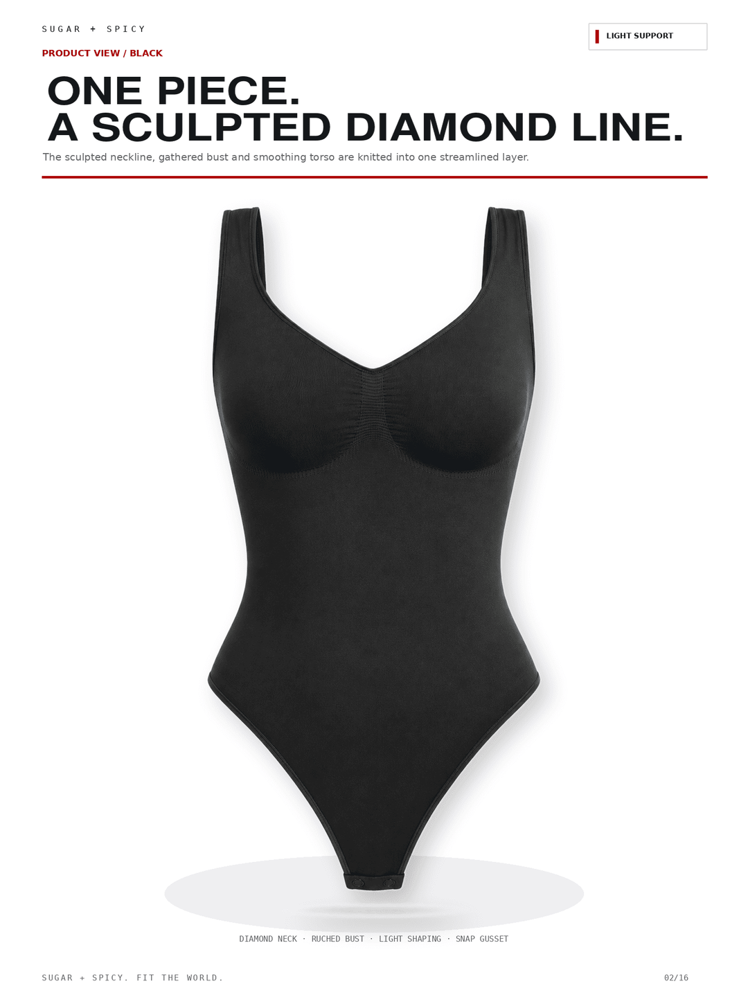 A black one-piece bodysuit with a scoop neck and wide shoulder straps, shown on a white background with promotional text above reading &