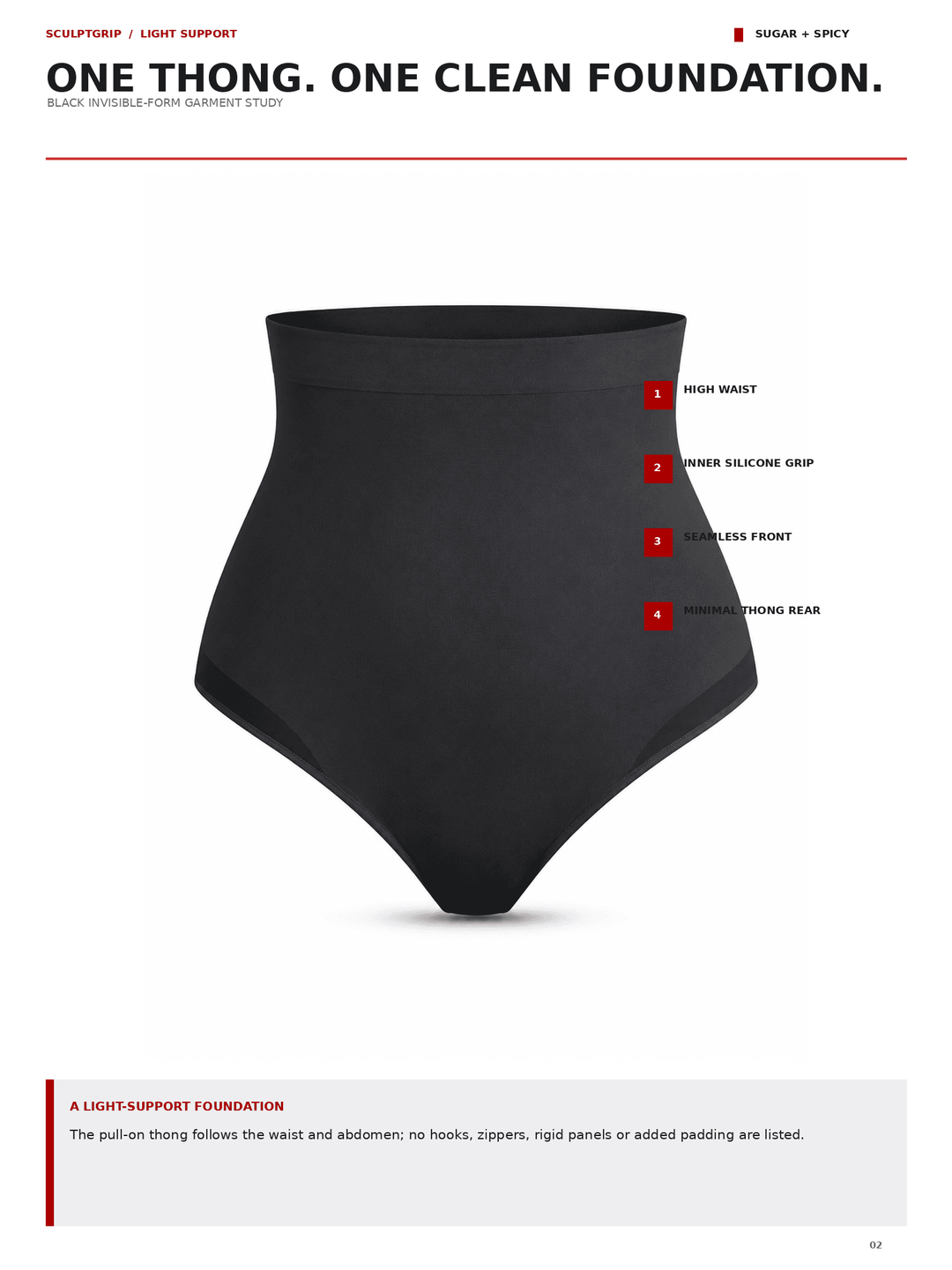 A black high-waisted one-thong foundation garment shown on a white background with product text and callout labels on the right side.