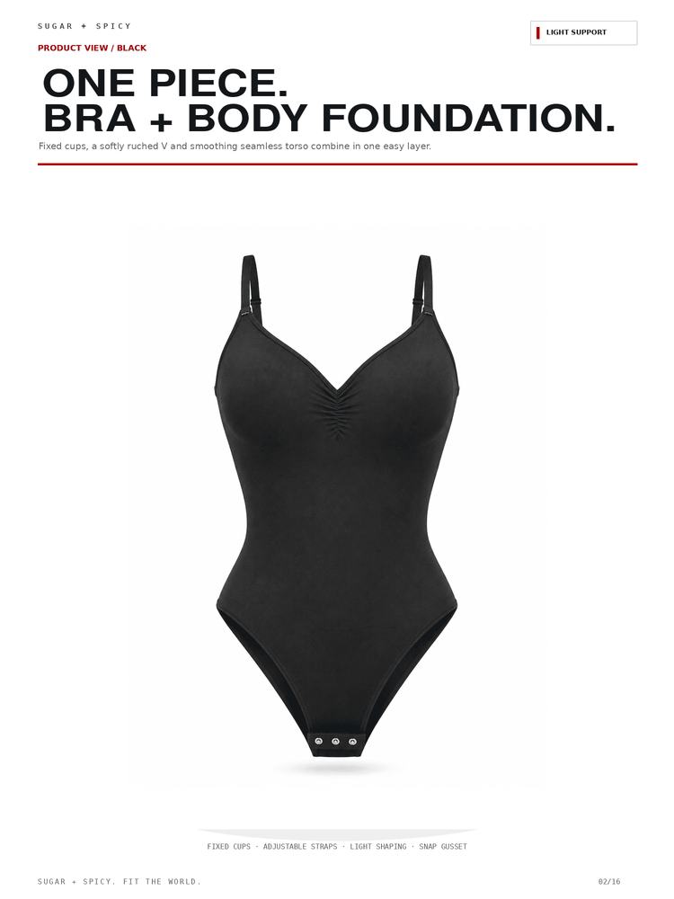 A black one-piece bra body foundation garment shown on a white background with marketing text above reading 'ONE PIECE. BRA + BODY FOUNDATION.