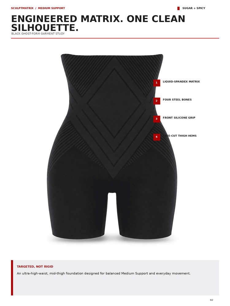 Black high-waisted compression shorts with a diamond-shaped compression panel on the abdomen, shown on a white background with feature callouts and text.
