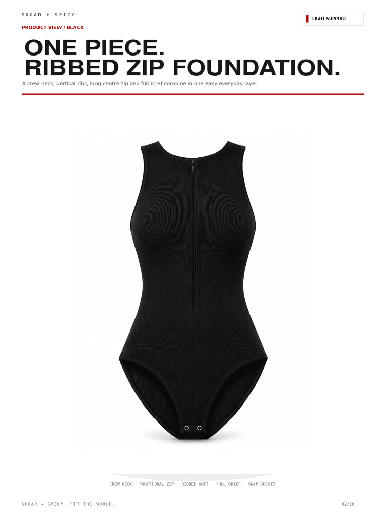 A black ribbed zip-front bodysuit shown flat against a white background with promotional text above reading 'ONE PIECE. RIBBED ZIP FOUNDATION.