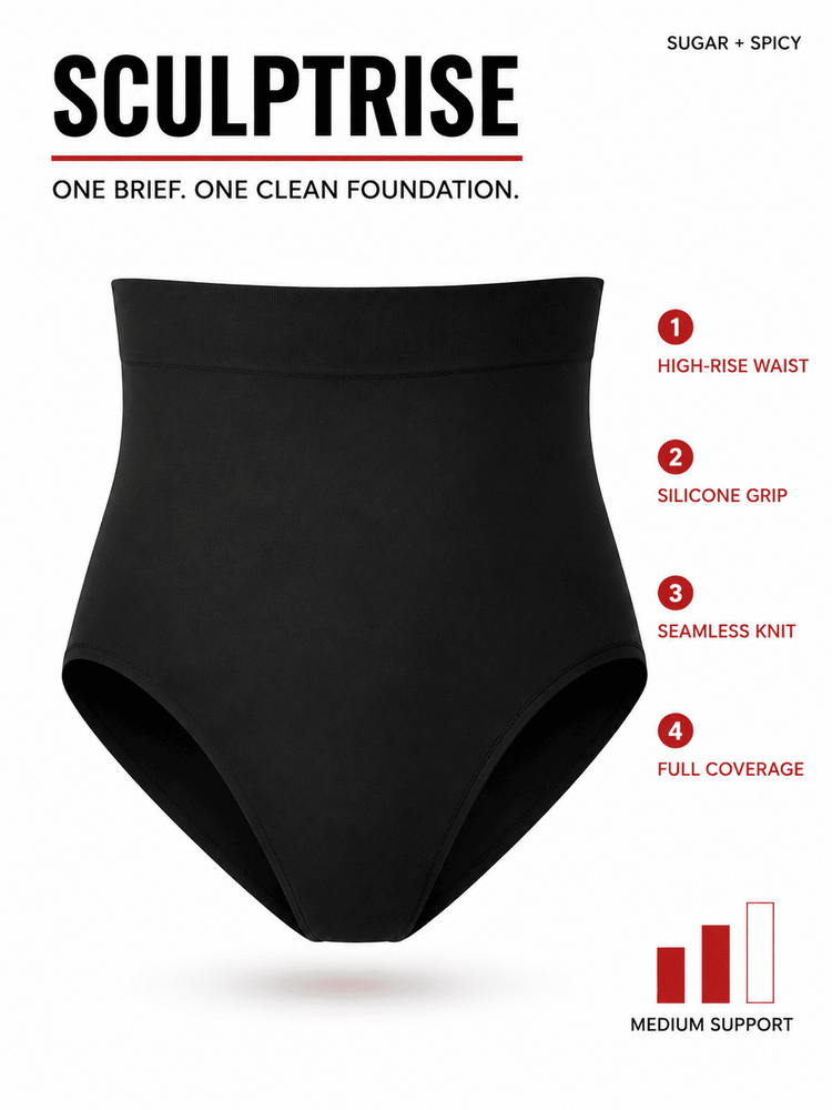 Black high-waisted briefs on a white background with product text reading SCULPTRISE and feature callouts including high-ride waist, silicone grip, seamless knit, and full coverage.