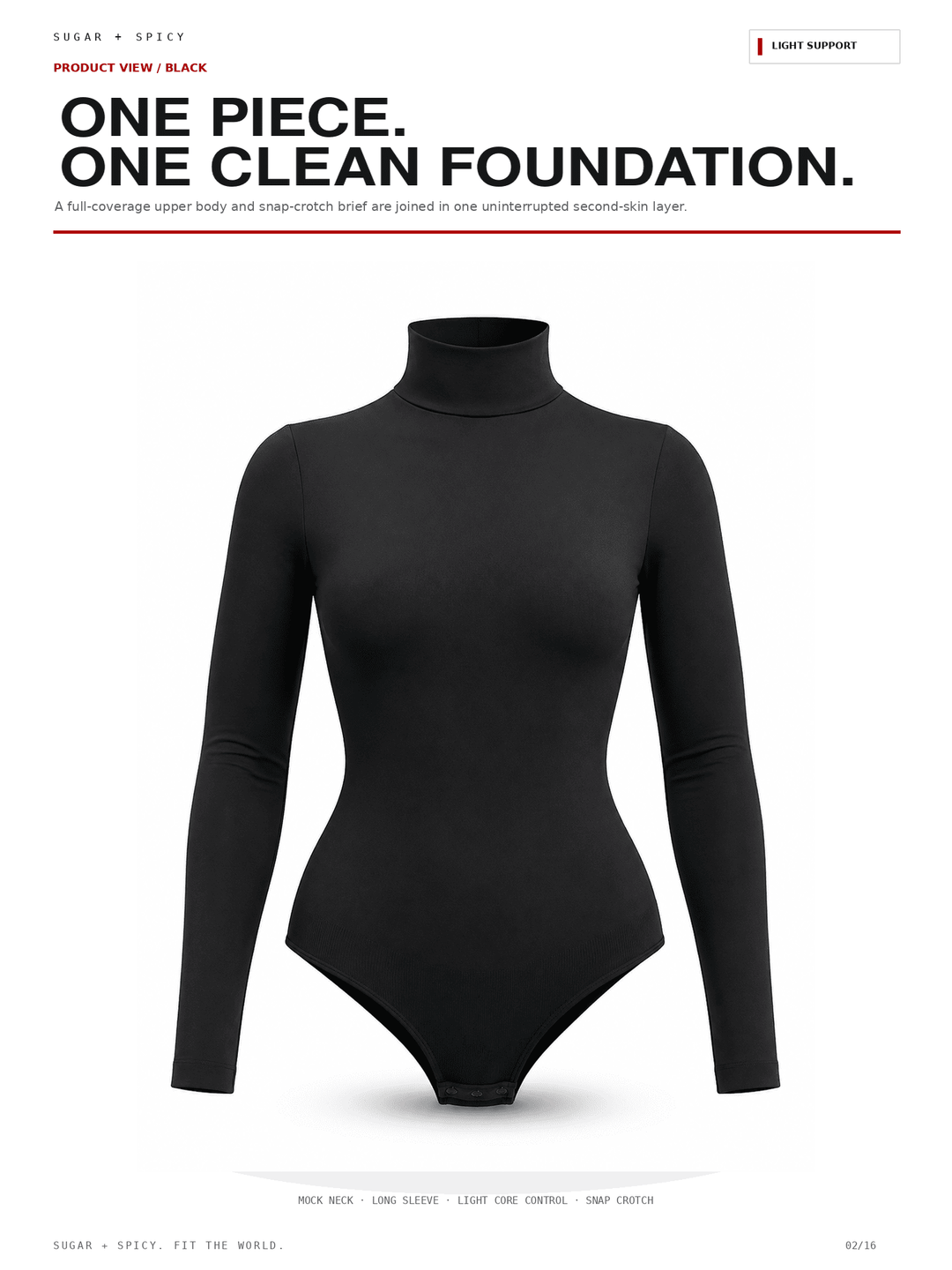 A black long-sleeve mock neck bodysuit shown on a white background with marketing text above and below. The bodysuit is presented as a clean, fitted one-piece garment with a high mock neck and long sleeves.