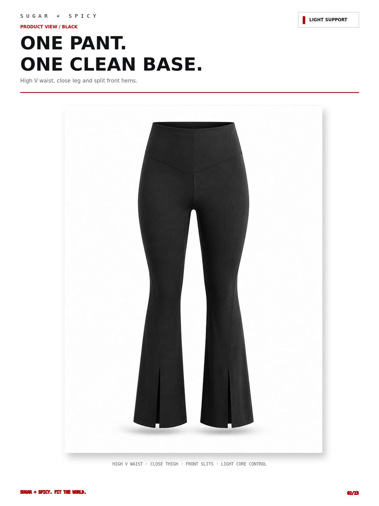 A clean studio product shot of black high-waisted flared pants centered on a white page layout with text reading 'ONE PANT. ONE CLEAN BASE.