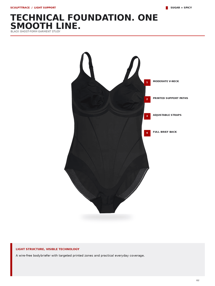 A black technical bodysuit shown on a white page with text callouts describing its features, including moderate V-neck, printed support mesh, adjustable straps, and full brief back.