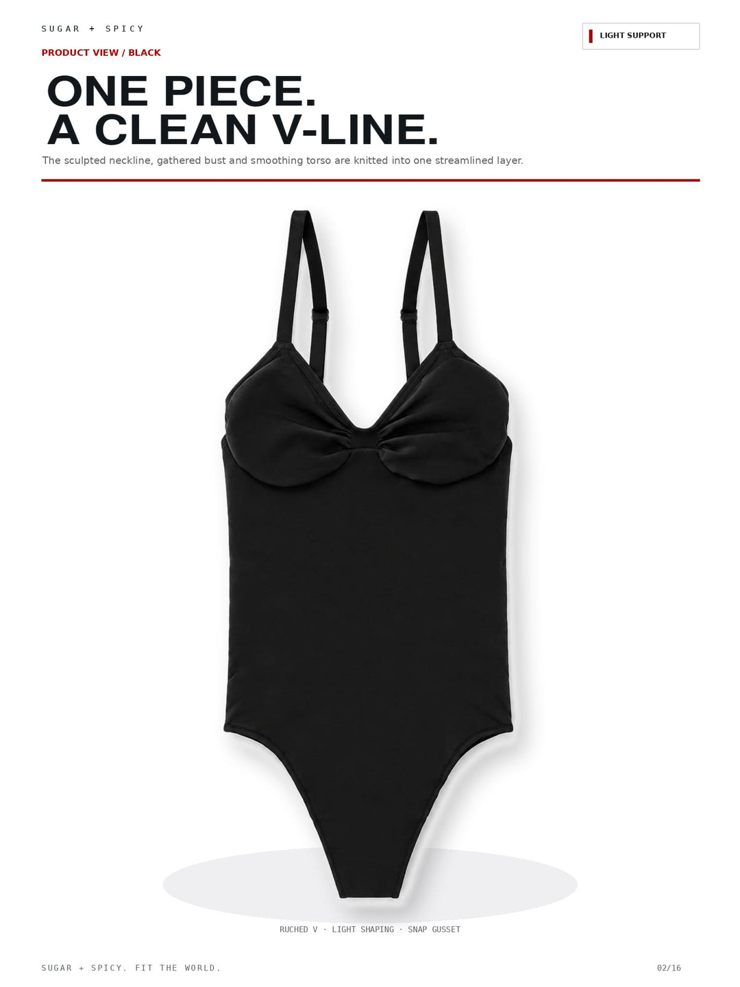 A black one-piece swimsuit with a V-neckline and a bow detail at the bust, shown on a white background with promotional text above.
