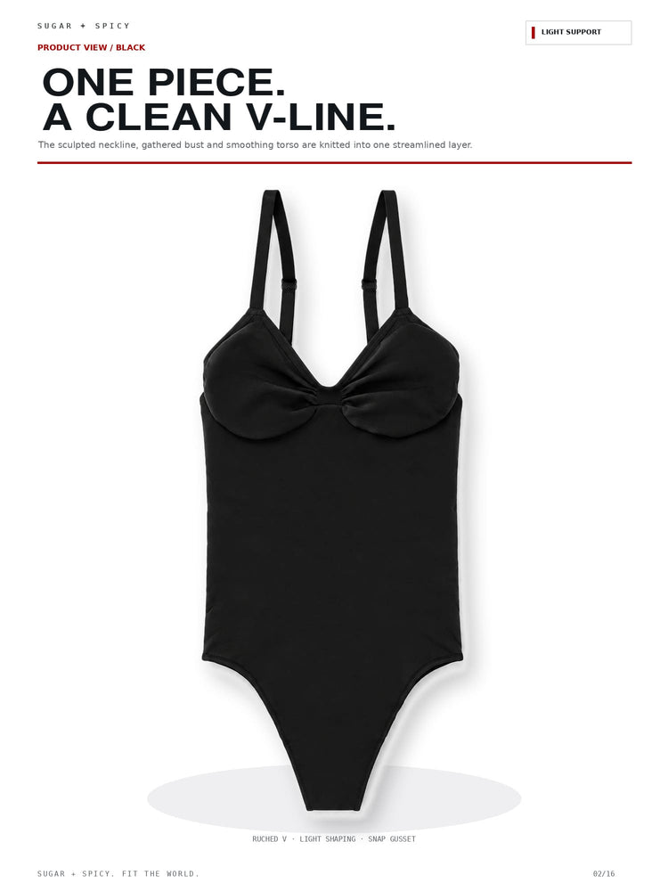 A black one-piece swimsuit with a V-neckline and a bow detail at the bust, shown on a white background with promotional text above.